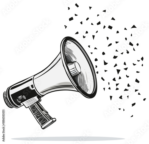Loudspeaker Vector Image with Scattered Pieces - Engraved Megaphone Announcing with Flying Particles