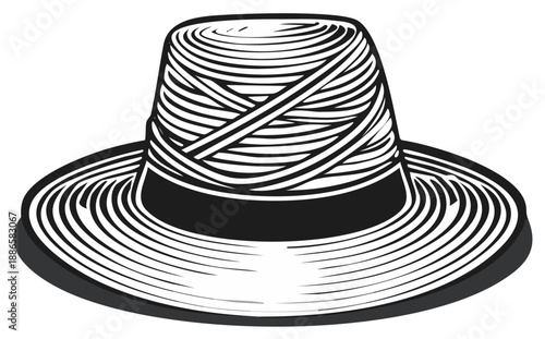 Striking Black and White Illustration of a Woven Straw Hat