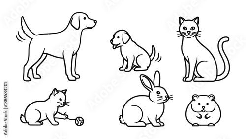 Line Art Pet Collection: A charming set of line art illustrations featuring various friendly pets, offering a whimsical and endearing depiction of beloved animals. 