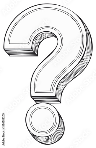A black and white hand drawn three dimensional question mark line art illustration