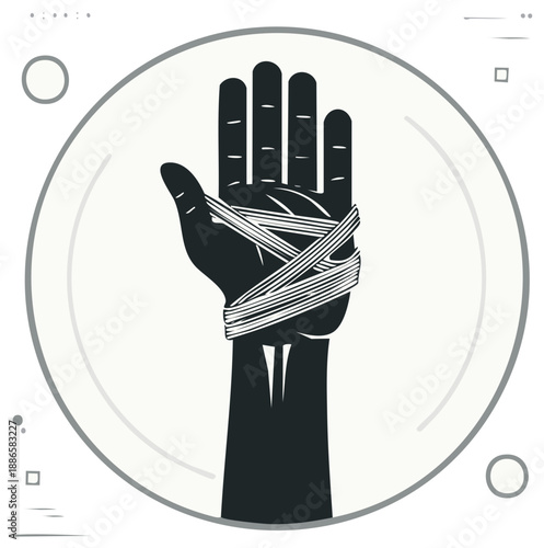 Silhouette hand raised with wrapped bandages within circular frame