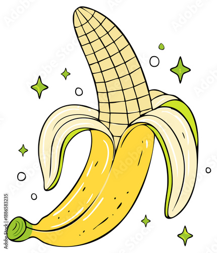 Surreal peeled banana with a corn cob texture in a whimsical pop art illustration style with sparkles.