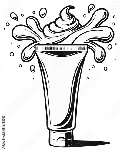 Cartoon Illustration of Cream Exploding from Cosmetic Tube, Health and Beauty Product. Simple Vector Style