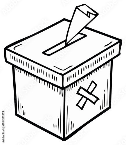 Hand drawn illustration of a ballot box with a vote being cast during an election