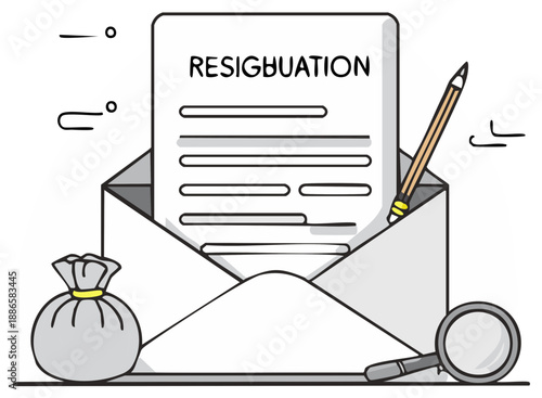 Resignation letter concept with envelope, money bag and magnifying glass illustration
