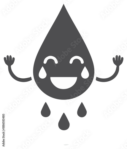 Happy cartoon water drop with tears and raised hands, joyful smiling icon