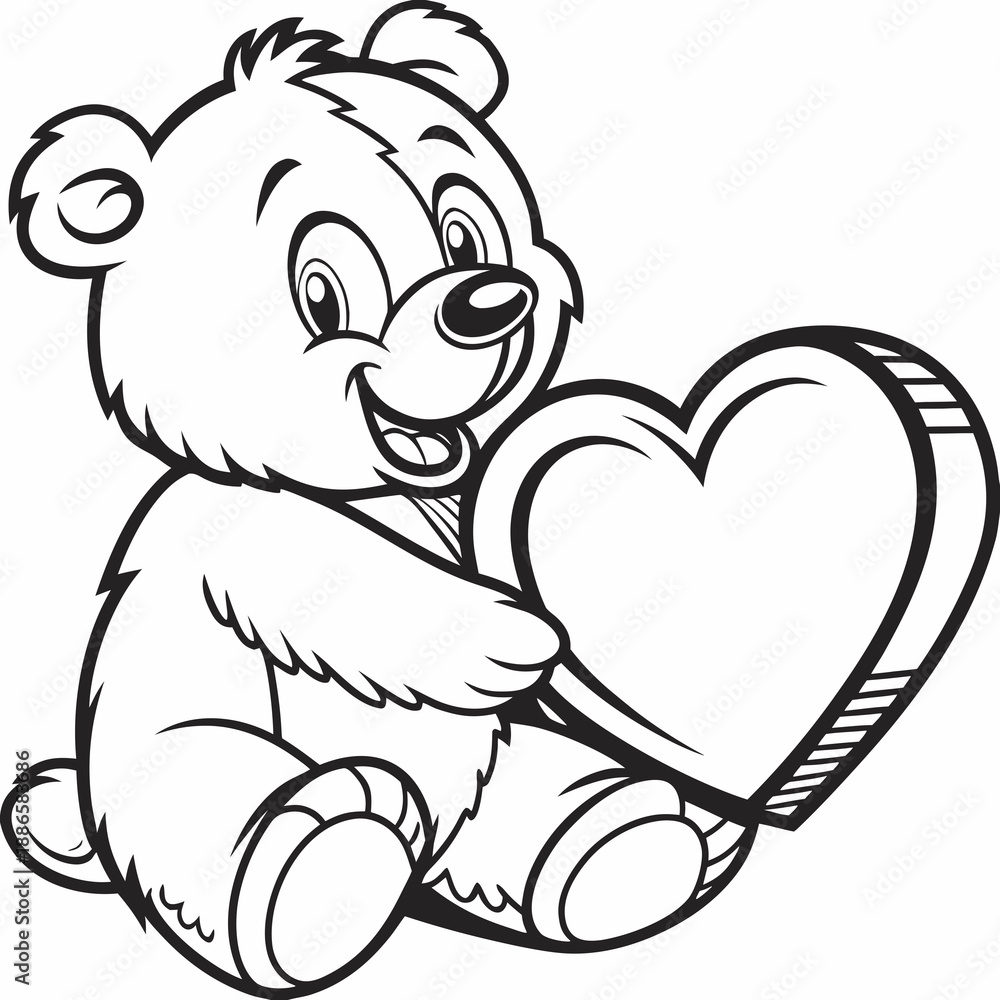 Obraz premium Adorable cartoon teddy bear with a big smiling face holding a loving heart outline for coloring pages