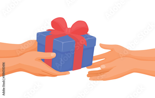 Hands giving and receiving gift exchanging present on Christmas day, birthday and special celebration and holiday events