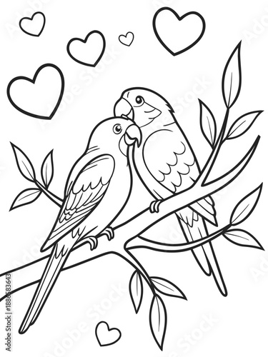Two cute parrots perched on a branch surrounded by floating hearts, a symbol of love and affection