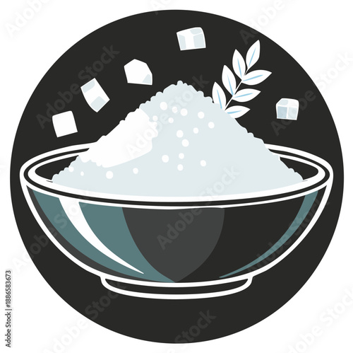 Sugar bowl illustration with cubes and leaves
