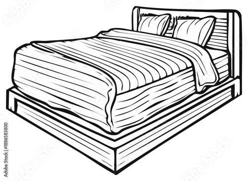Black and white cartoon illustration of a cozy bed with pillows and blankets