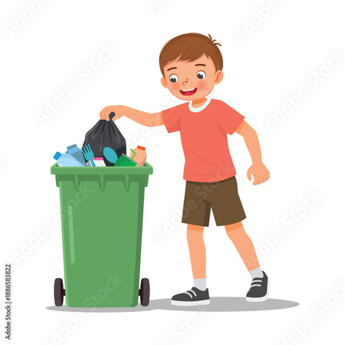 Little boy throwing trash into recycle bin