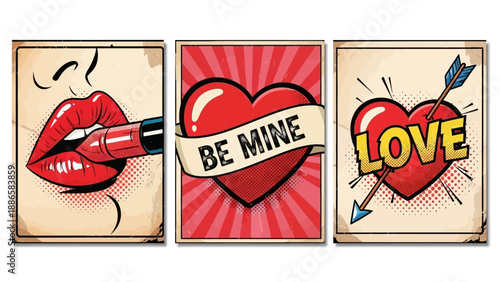 Vintage Pop Art Love Trilogy Romantic Heart Graphics and Lipstick Kiss Illustration Set for Valentine's Day Decor