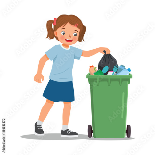 Little girl throwing trash into recycle bin