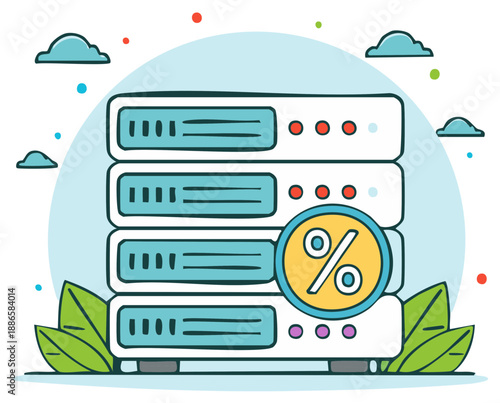 Stack of data servers with percentage icon surrounded by green leaves for cloud computing optimization and savings