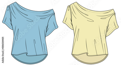 womens short sleeve off shoulder top fashion flat sketch vector illustration technical cad drawing template