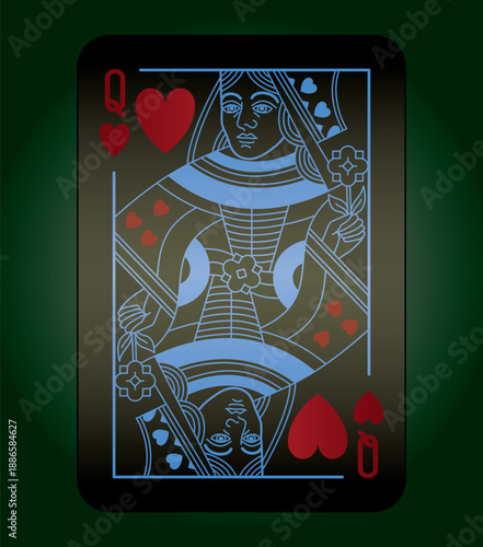 Queen of Hearts, black design. Playing card for Poker. Vector illustration.