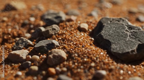 Close-Up of Desert Ground with Rocks and Sand Texture.