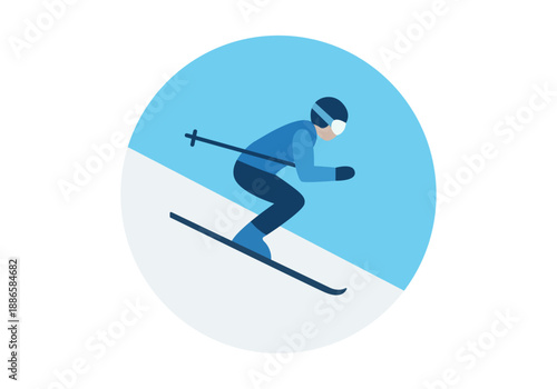 Icono de esquiador bajando una pendiente de nieve con fondo circular