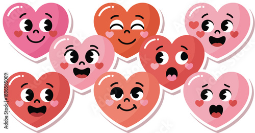 Group of eight cute, cartoon hearts display various happy and surprised facial expressions against a white backdrop.