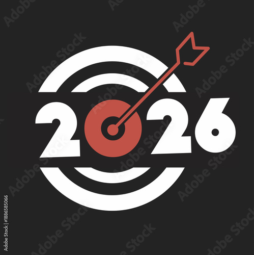 2026 New Year target icon with arrow hitting the bullseye. Creative vector illustration for business goals, annual objectives, and future planning