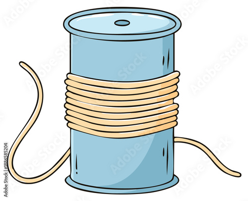 Light blue spool of thread with beige string wound around it and trailing off