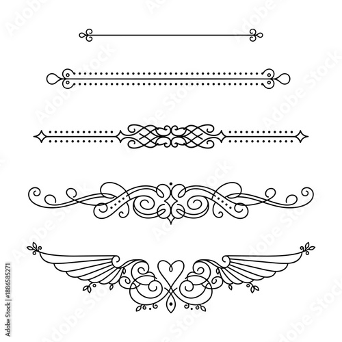 Elegant vintage ornamental dividers and decorative flourishes set in black line art. Clean monochrome outline style on Transparent Background