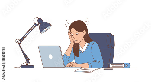 Overwhelmed Businesswoman Struggling with Work on Laptop. Frustrated Employee, Student, or Remote Worker Facing Stress, Confusion, Anxiety, and Deadline Pressure.