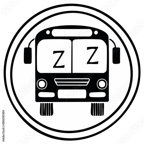 Black and white icon of a bus with zzz on the windshield representing sleep or rest