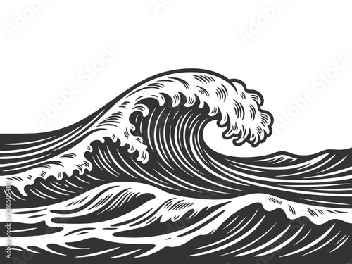 powerful stormy ocean waves, ideal for nautical, marine, or retro-themed design projects sketch engraving generative ai vector illustration. Scratch board imitation. Black and white image.