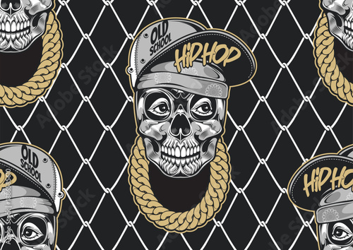 hiphop gangster, skull seamless pattern with iron wire or barbed wire background, image punk background, street comic art, textile fashion, artwork for fabric print, clothes, handkerchief or banner we