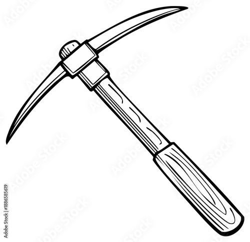 Black and White Illustration of Pickaxe with Wooden Handle