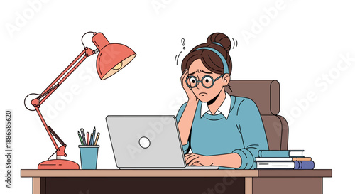 Stressed Woman Suffering Burnout Working Late. Overwhelmed employee or student struggling with deadline, anxiety, and work pressure at office desk.