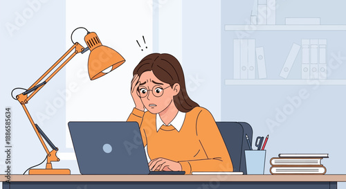 Stressed Woman Employee Overwhelmed by Work or Technical Error on Laptop. Burnout and Anxiety Vector Illustration.