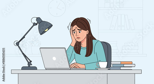 Stressed Woman Suffering Burnout and Headache at Office Desk. Overwhelmed Employee Illustration, Work Pressure, Deadline Anxiety, Mental Health Crisis.