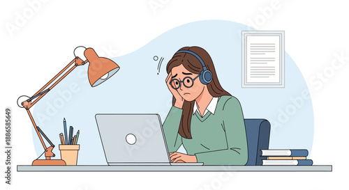 Stressed student or overworked remote employee suffering from burnout while studying or working on a laptop at a home desk. Mental health and fatigue concept illustration.