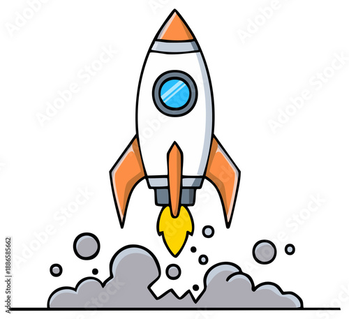 Cartoon rocket launch with smoke, fire, orange details and a porthole window, starting into space