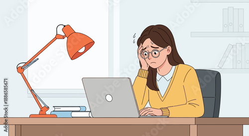 Work Stress and Burnout: Overwhelmed Young Woman Working on Laptop in Office