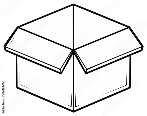 Simple line drawing of an open cardboard box viewed from a high angle with clean bold outlines