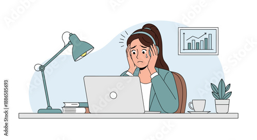 Stressed Businesswoman Overwhelmed by Workload and Deadline Pressure at Office Desk. Burnout and Professional Anxiety Concept Illustration.