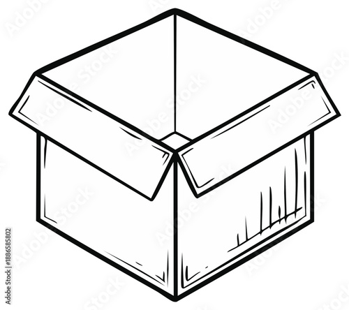 Open Cardboard Box Line Art Sketch Isometric View Simple Hand Drawn Shipping Container