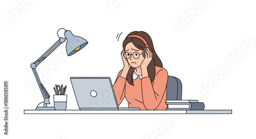 Burnout and Work Stress Concept. Distressed Young Woman or Student Overwhelmed by Remote Work, Studying, or Technical Problems, Sitting at Desk with Laptop.