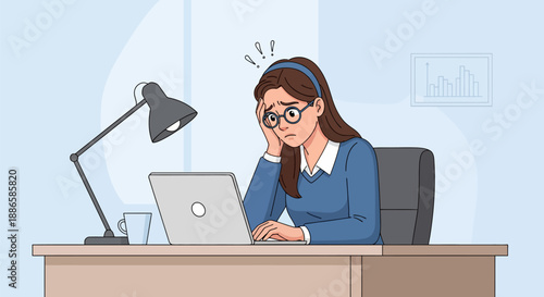 Burnout and Confusion at Work. Stressed Woman Employee Struggling with Laptop Issues or Overwhelming Workload Vector Illustration