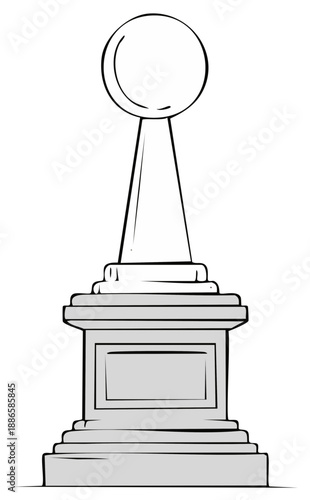 Stone monument illustration features layered base, conical column, and spherical top.