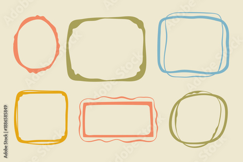 Coquette hand-drawn doodle frames set, colorful shapes cadre vintage modern whimsical edgings elements, elegant geometric trend stamps flirting girly style design. Isolated. Vector illustration
