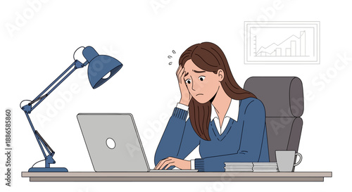 Stressed Businesswoman Suffering Burnout at Office Desk. Female Employee Overwhelmed by Workload, Anxiety, and Deadline Pressure. Vector Illustration.