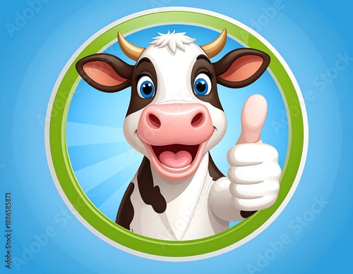 Cartoon Cow Giving Thumbs Up in Green Circle Frame.
