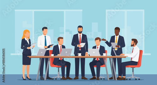 Professional Business Meeting Illustration: Diverse Corporate Team Discussing Strategy in Modern Office Conference Room