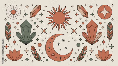 Celestial and esoteric elements like sun, moon, crystals, and feathers create a mystical pattern background design.