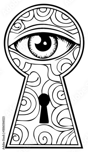 Intricate eye within a keyhole design, abstract illustration, symbol of perception